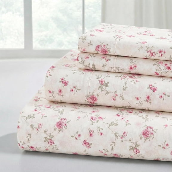 Modern Threads 4-Piece Ultra Soft Microfiber Bed Sheets Set, Wrinkle Free with Deep Pockets Fitted Sheet, Flat Sheet & Pillowcases, Lightweight Breathable Bedding, Floral Rose, Queen