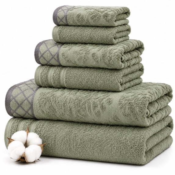 Modern Threads Damask Jacquard 6-Piece Cotton Bath Towel Set with Embellished Borders, Sage