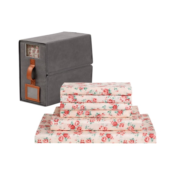 Modern Threads 6-Piece Printed Roses Satin Sheet Set with Organizer Box, Full