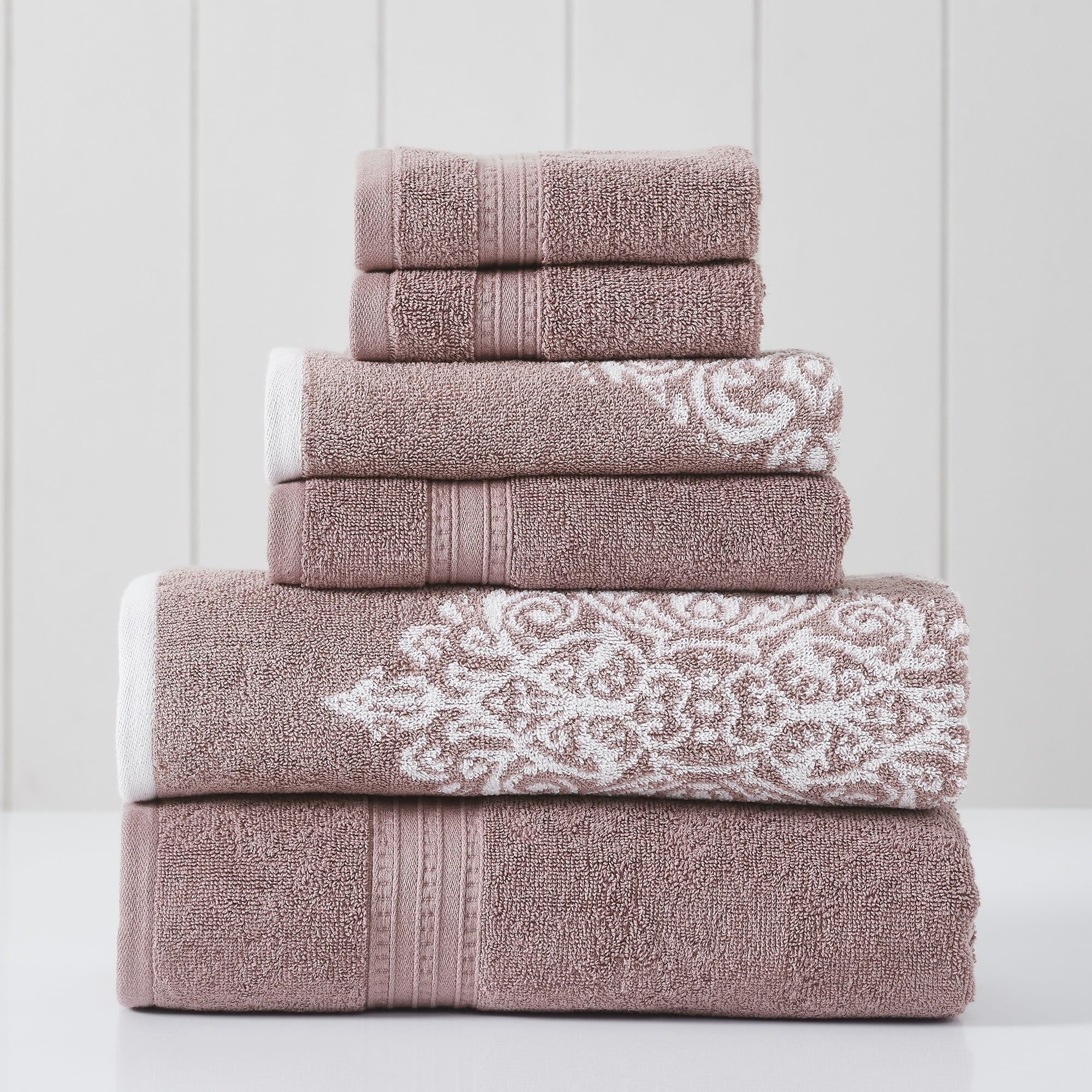 Modern Threads Artesia Damask 6-Piece Bath Towel Set, Woodrose