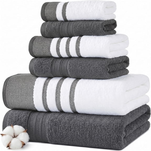 Modern Threads 6-Piece Towel Set 100% Cotton, Quick Dry, Ultra Absorbent Includes 2 Bath, Hand, Washcloths (White/Reinhart Charcoal)