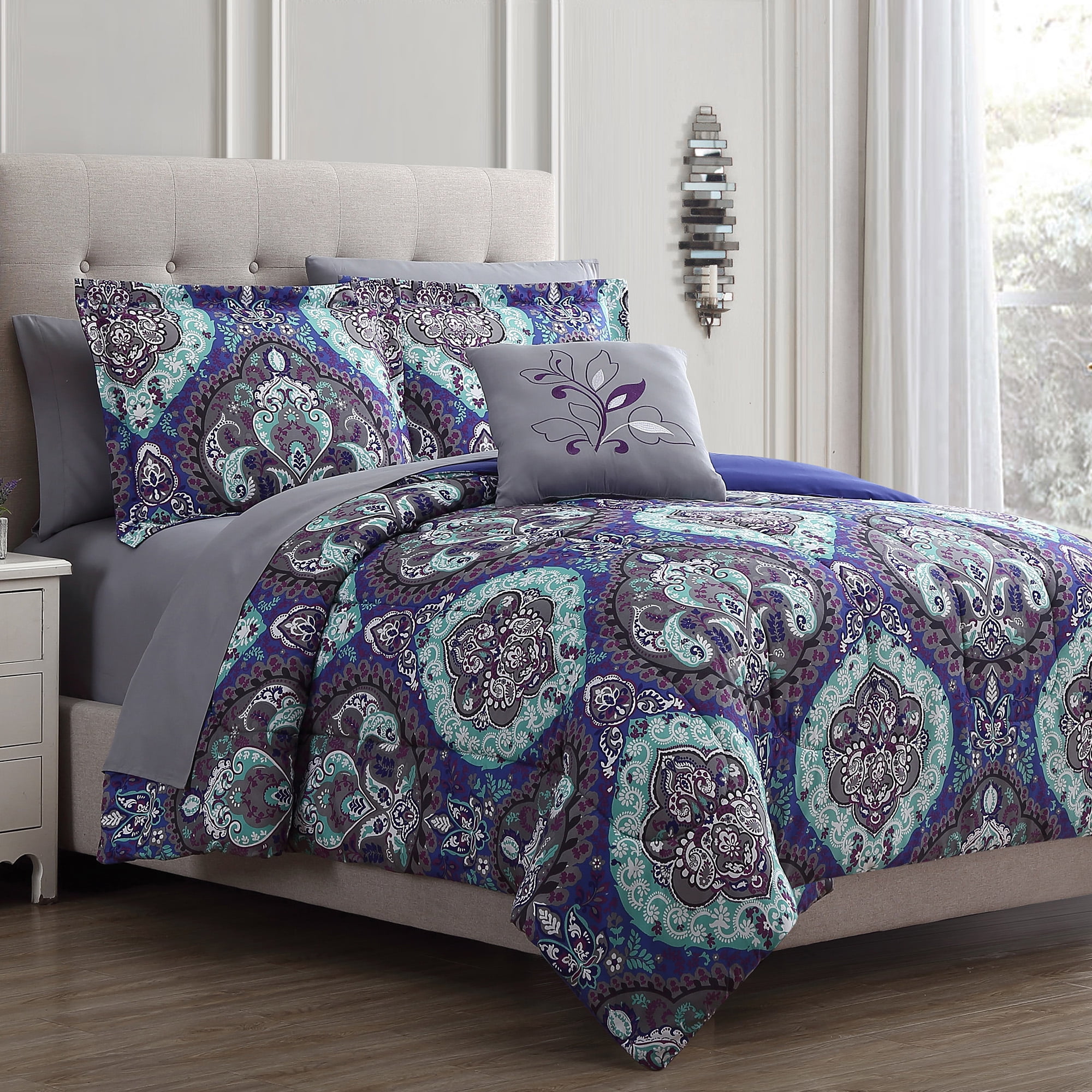 Queen Purple Microfiber Reversible Bed in a Bag Set