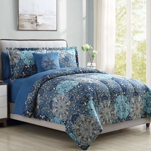 Modern Threads 8-Piece Granada Reversible Adult Unisex Bed in a Bag, Deep Blue Damask, Cal. King