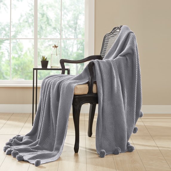 Modern Threads Acrylic Throw With Pom Poms, 50" x 70", Gray