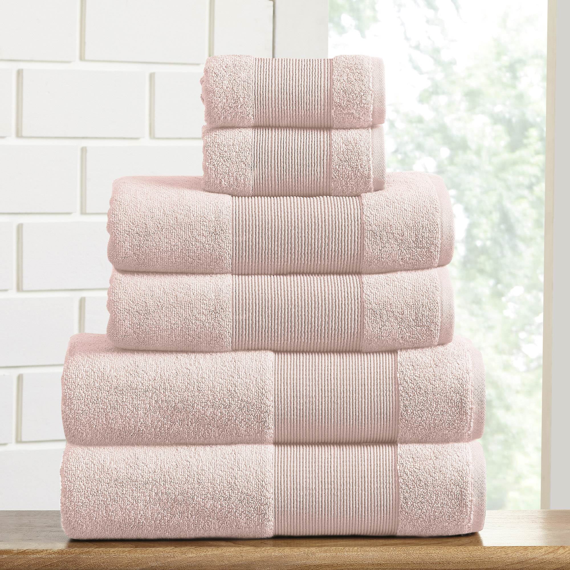 Peachy Blush 6-Piece Cotton Towel Set with Zero-Twist Weave