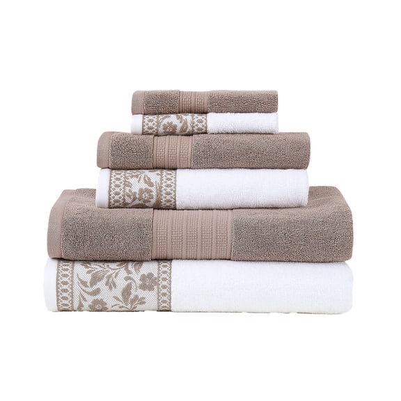 Modern Threads Allie Jacquard Border 6-Piece Cotton Towl Set, Fawn