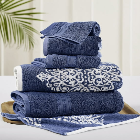 Modern Threads Artesia Damask 6-Piece Bath Towel Set, Indigo