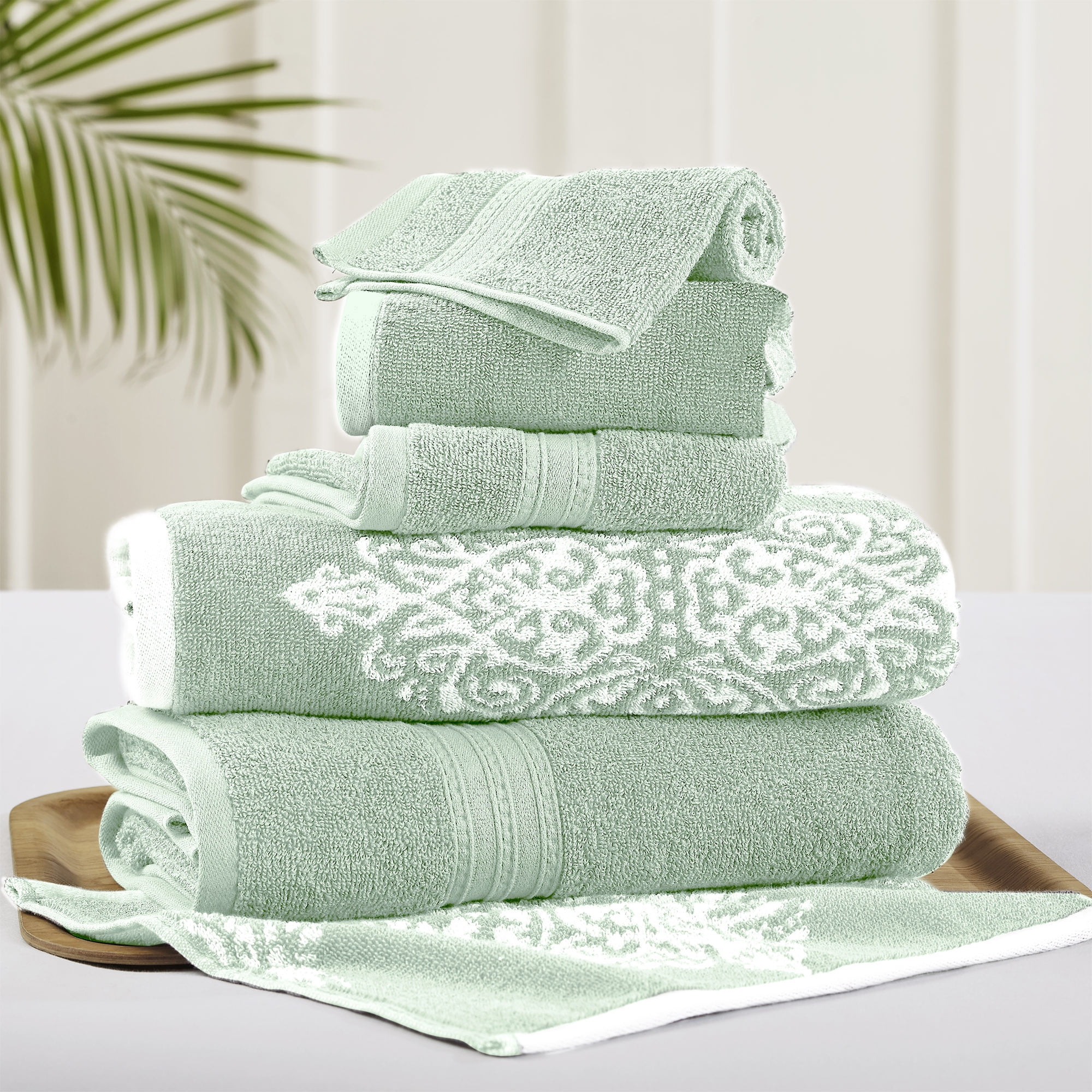 Eula Modern 6 Piece Cotton Towel Set, Stylish Damask Pattern, Dark