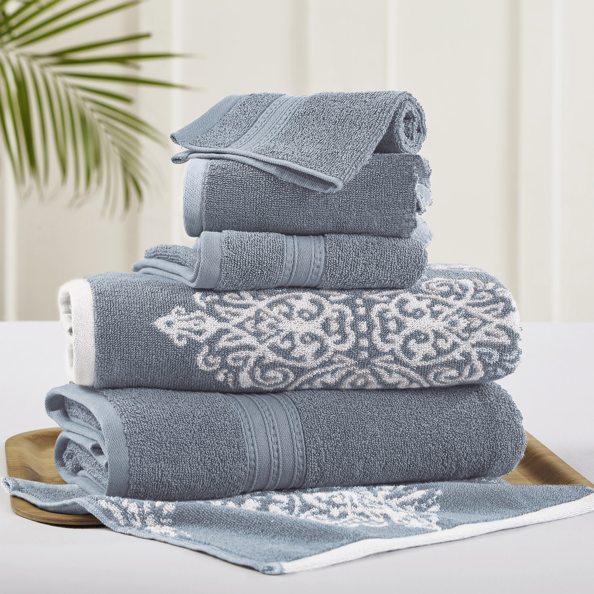 Eula Modern 6 Piece Cotton Towel Set, Stylish Damask Pattern, Dark