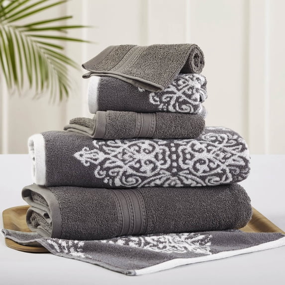 Modern Threads Artesia Damask 6-Piece Reversible Jacquard Adult Towel Set, Platinum