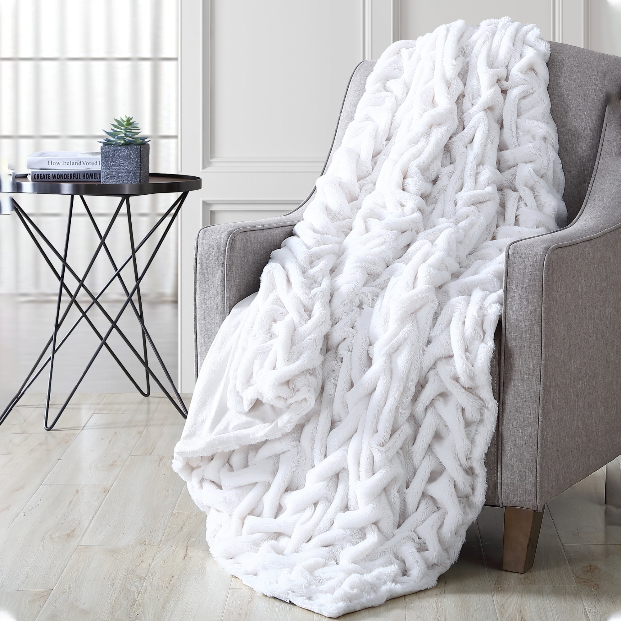 Luxurious Braided Off-White Faux Fur & Cotton Throw, 50" x 60"
