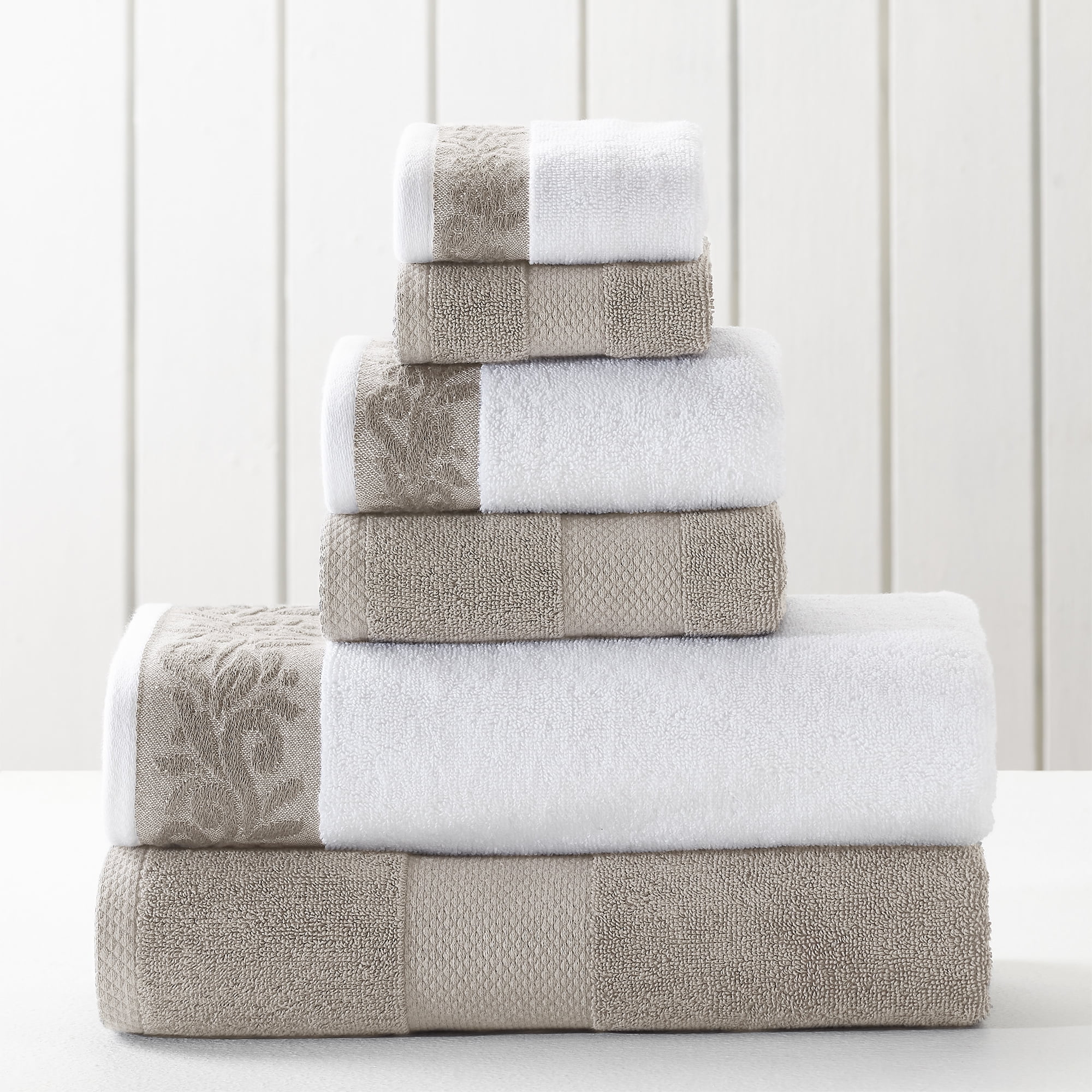 Flax and White Cotton 6-Piece Towel Set with Jacquard Border