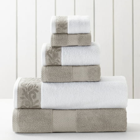 Modern Threads Filigree Jacquard Border 6-Piece Cotton Adult Bath Towel Set, Flax