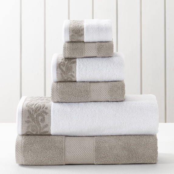 Modern Threads Filigree Jacquard Border 6-Piece Cotton Adult Bath Towel Set, Flax
