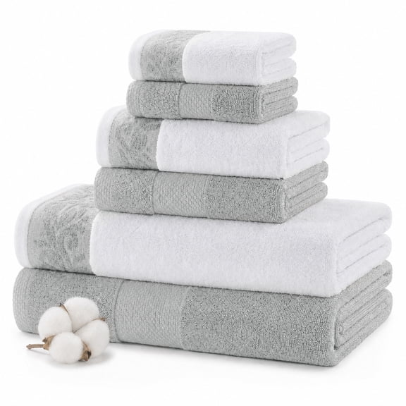 Modern Threads Filigree Jacquard Border 6-Piece Cotton Adult Bath Towel Set, Silver