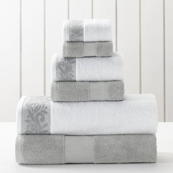 Modern Threads Filigree Jacquard Border 6-Piece Cotton Adult Bath Towel Set, Silver