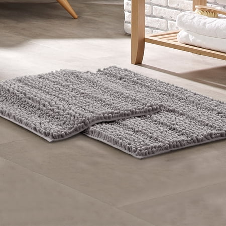 Modern Threads Gray 2 Pack Chenille Noodle Non-Slip Backing Bath Mat Set, 17" x 24" & 21" x 34"