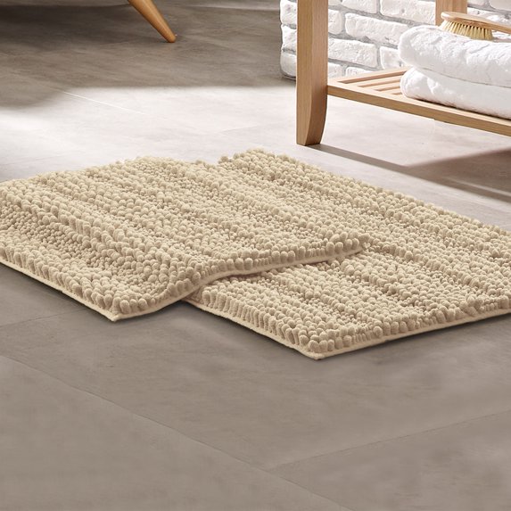 Modern Threads Ivory 2 Pack Chenille Noodle Non-Slip Backing Bath Mat Set, 17" x 24" & 21" x 34"