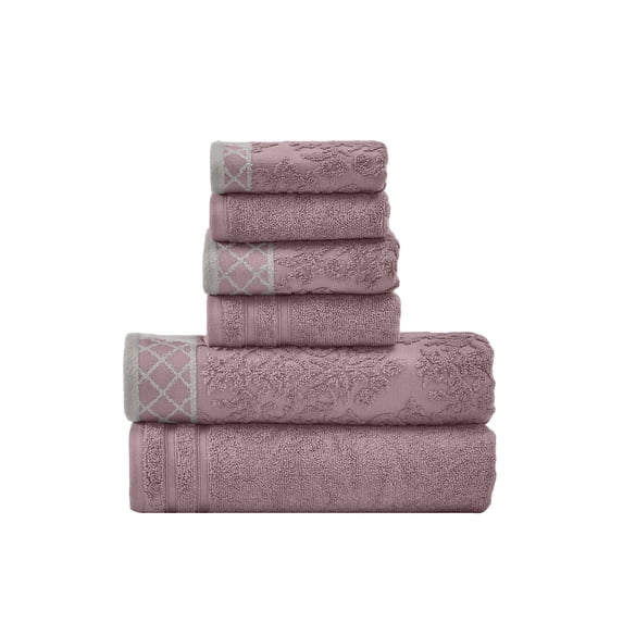 Modern Threads Damask Jacquard 6-Piece Cotton Bath Towel Set with Embellished Borders, Dusty Plum