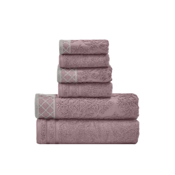 Modern Threads Damask Jacquard 6-Piece Cotton Bath Towel Set with Embellished Borders, Dusty Plum