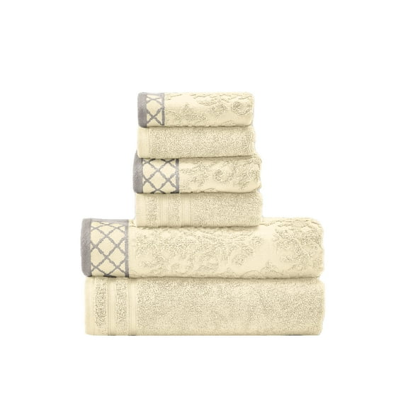 Modern Threads Damask Jacquard 6-Piece Cotton Bath Towel Set with Embellished Borders, Ivory