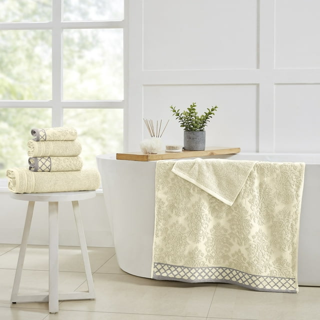 Modern Threads Jacquard Border 6-Piece Cotton Bath Towel Set, Ivory