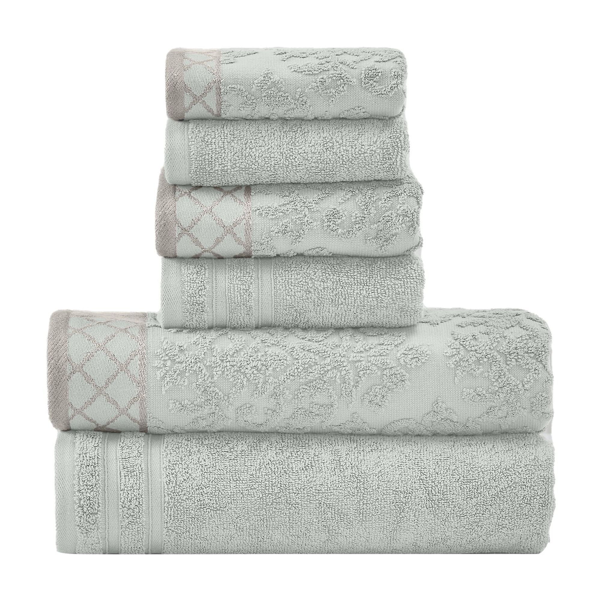 Modern Threads Damask Jacquard 6-Piece Cotton Bath Towel Set with Embellished Borders, Light Blue