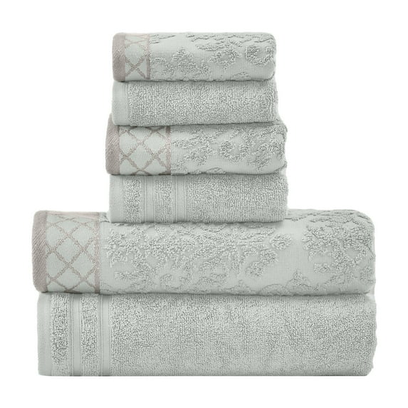 Modern Threads Damask Jacquard 6-Piece Cotton Bath Towel Set with Embellished Borders, Light Blue
