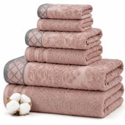 Modern Threads Jacquard Border 6-Piece Cotton Bath Towel Set, Peach