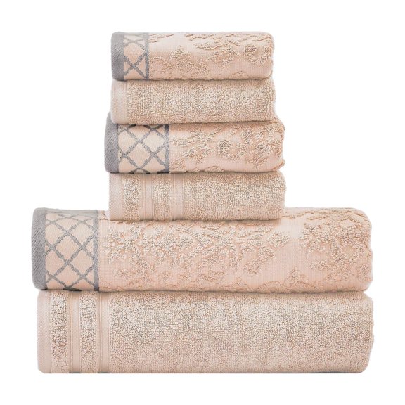 Modern Threads Jacquard Border 6-Piece Cotton Bath Towel Set, Peach