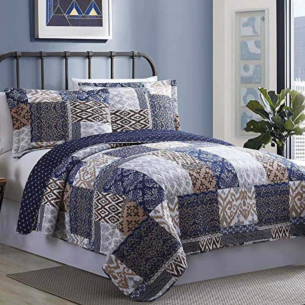 King Blue Cotton Reversible Patchwork Quilt Set