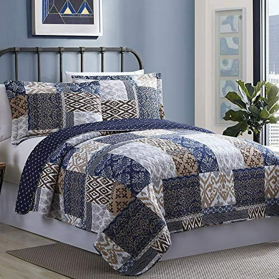 Modern Threads Laura Multi-color Printed Patchwork Reversible Cotton Quilt, King, 3 Piece