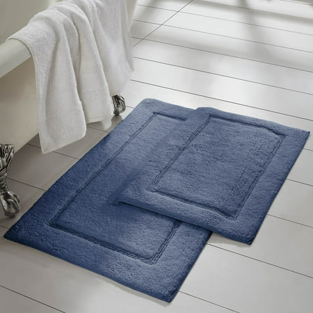 Modern Threads Non-Slip Bath Rug Set, Denim Blue 100% Cotton, 17" x 24" & 21" x 34", (2 Pack)