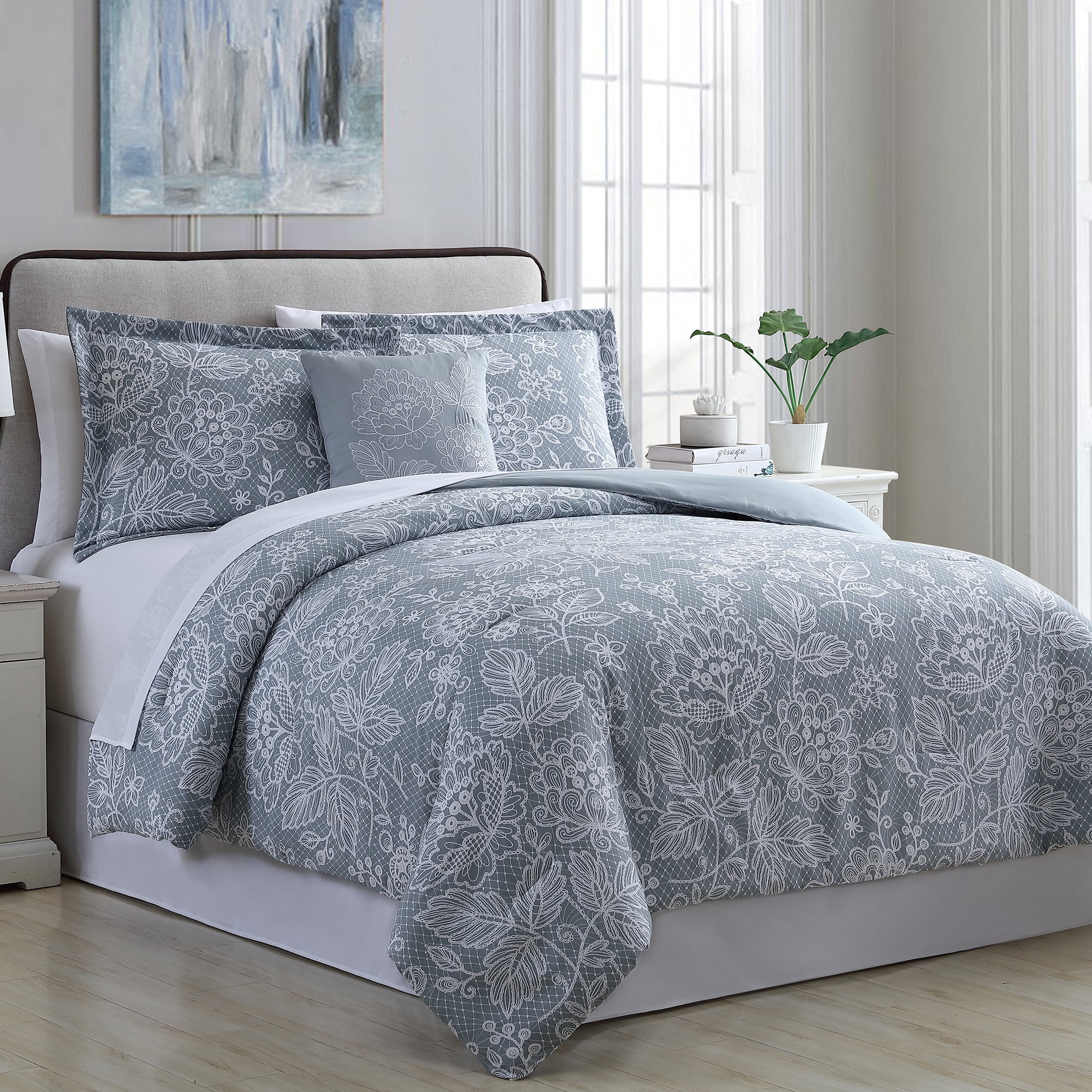 Modern Threads Olivia 8-Piece Reversible Adult Unisex Bed in a Bag, Gray Floral, California King