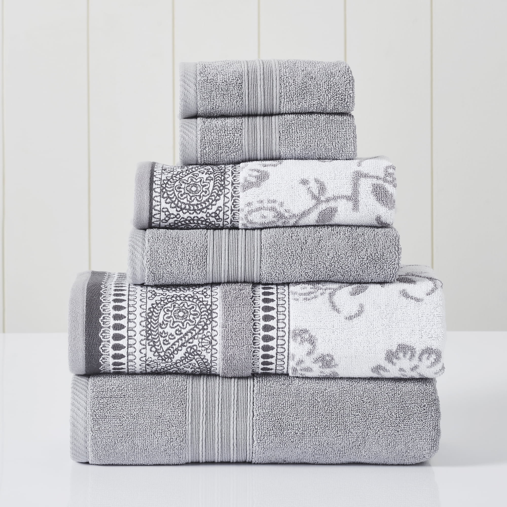 Stone Gray Cotton Jacquard and Solid Towel Set