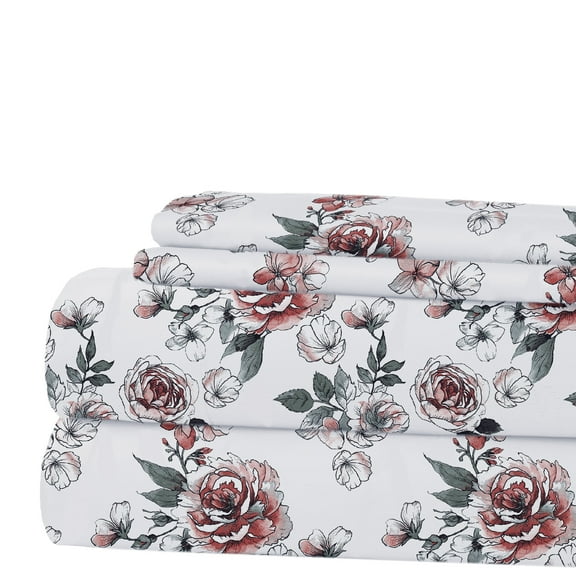 Modern Threads Printed 4-Piece Rose Bloom Adult Sheet Set, Queen
