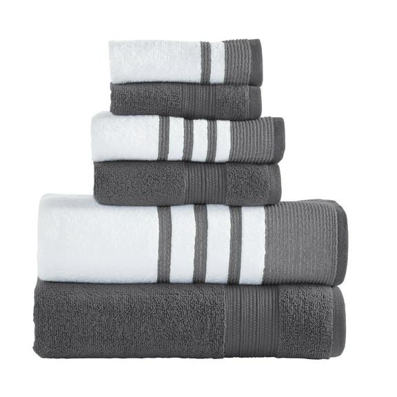 Modern Threads Reinhart 6-Piece Quick Dry Striped, Cotton Bath Towel Set, Coal Black