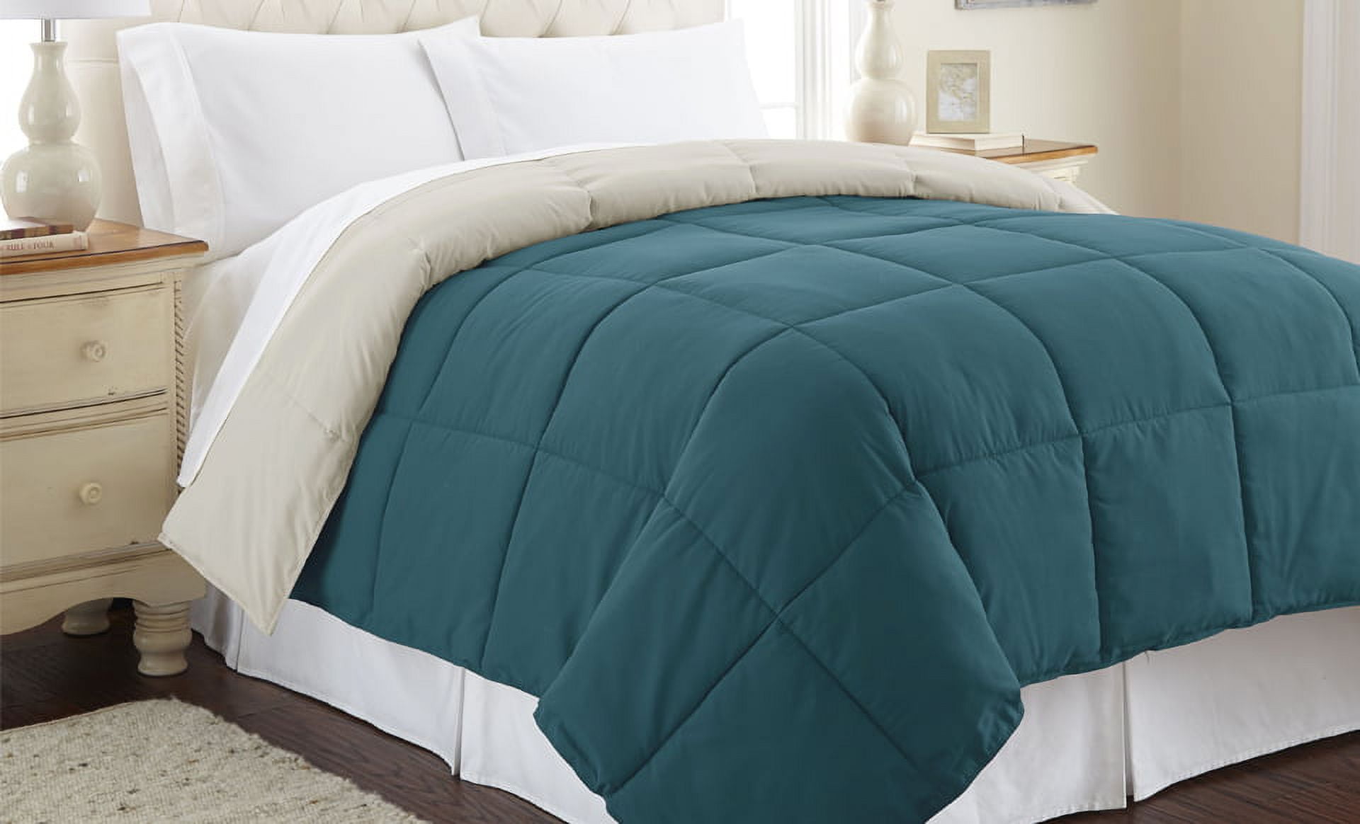 Full Blue Coral and Oatmeal Reversible Down Alternative Comforter Set