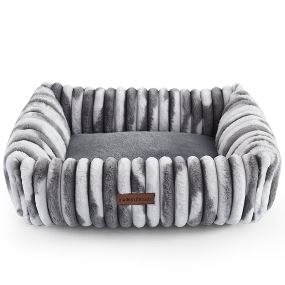 Modern Threads Ribbed Plush Two-Tone Cuddler Dog Bed, Ultra-Soft Faux Rabbit Fur, Supportive Bolstered Sides, Removable Washable Cover, Bed for Small to Medium Dogs, Silver, (24"L x 20"W x 8"H)