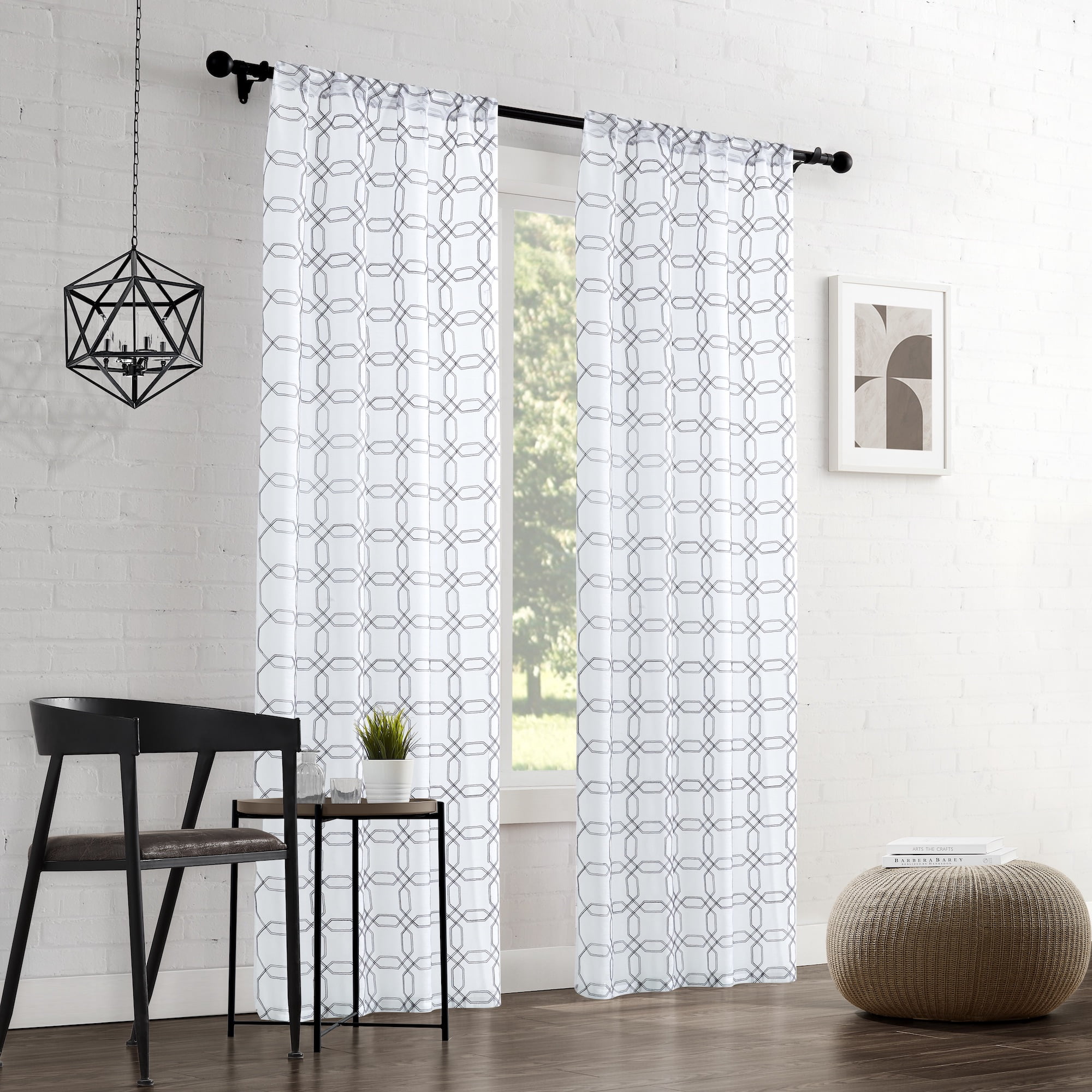 Carbon Geometric Embroidered Sheer Polyester Curtain Panels