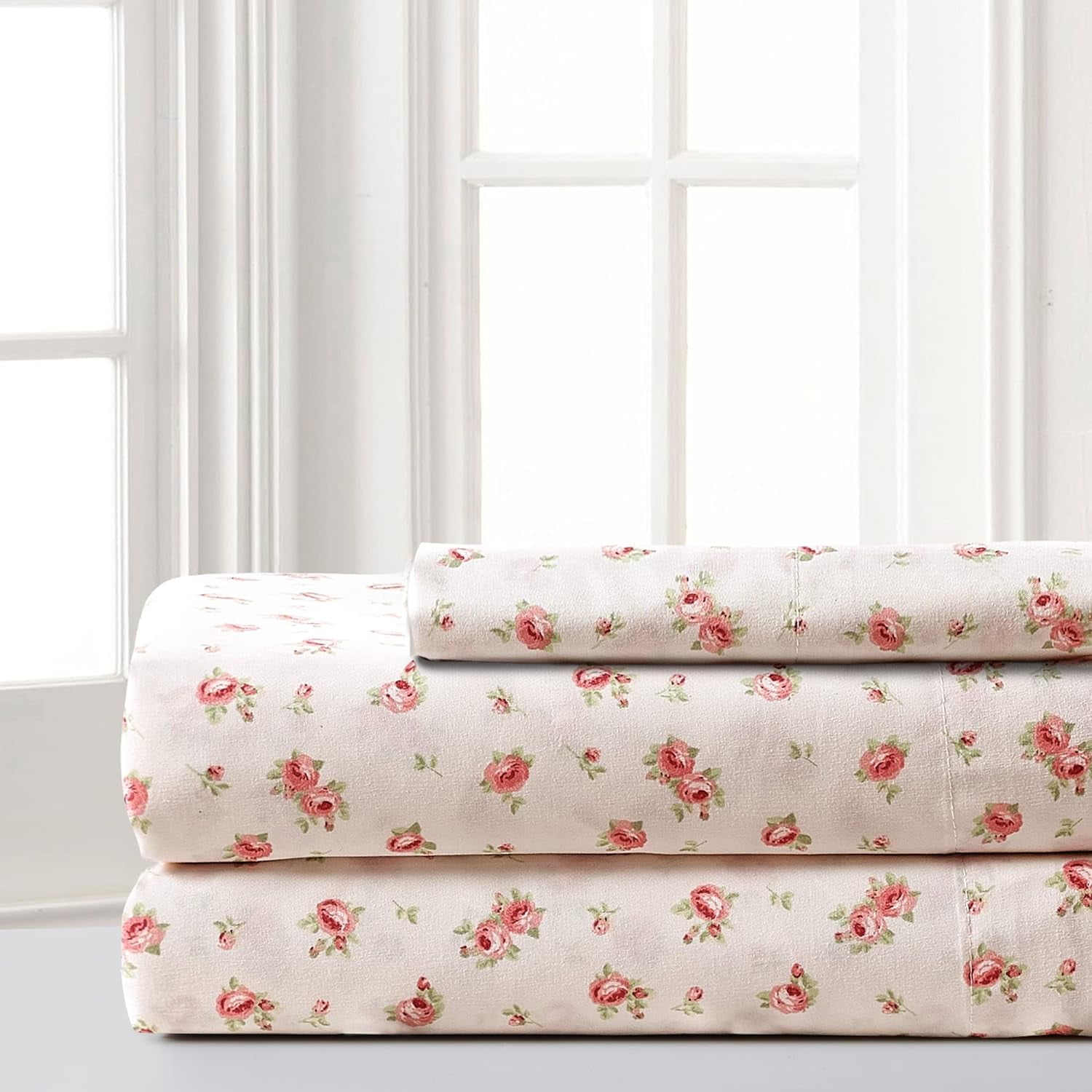 Ivory Twin Rose Print Microfiber Sheet Set