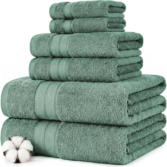 Modern Threads - Spun Loft 6-Piece 100% Combed Cotton Towel Set Bath Towels, Hand & Washcloths Super Absorbent Quick Dry 600 GSM Soft Plush, Eucalyptus