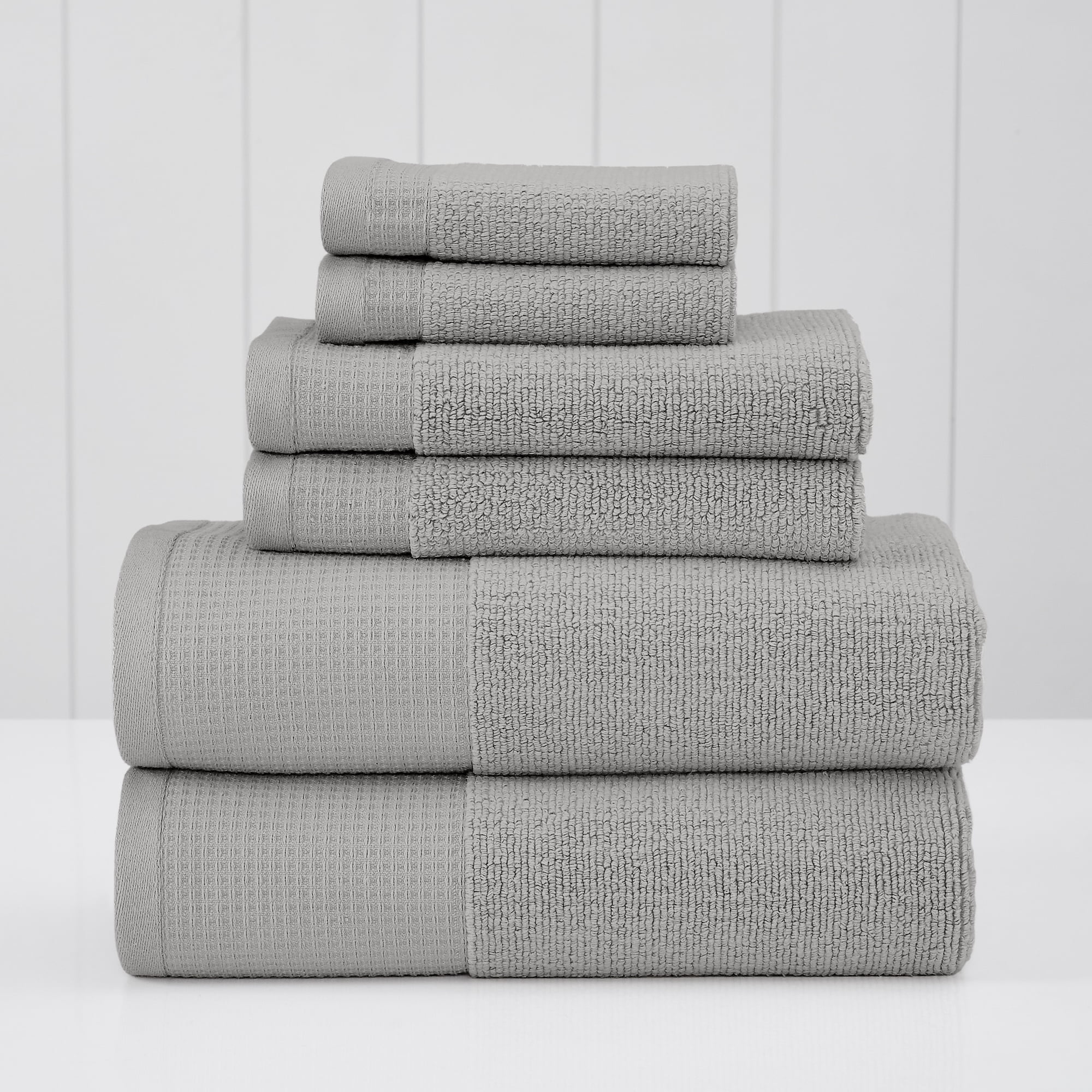 Oyster Gray Cotton Waffle-Rib 6-Piece Towel Set