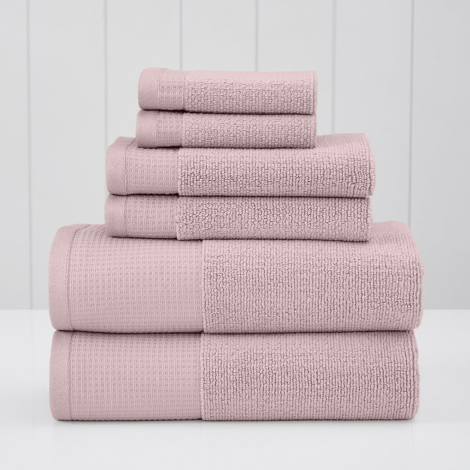 Modern Threads Waffle-Rib 6-Piece Cotton Bath Towel Sets, Pink Teal