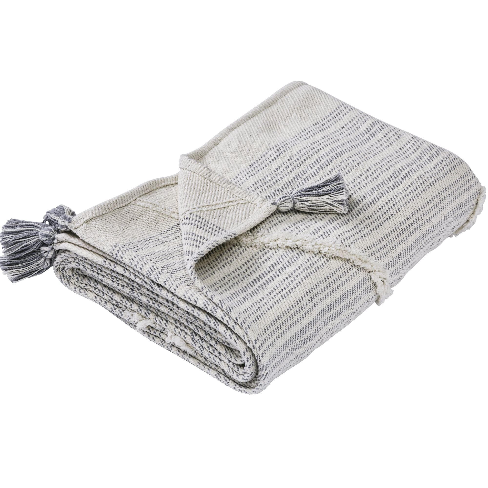 Gray Knitted Cotton Reversible Throw Blanket with Tassels