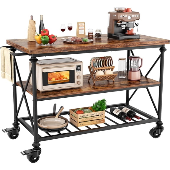 Modern Three Tier Rolling Kitchen Island Cart Unit Industrial Metal Pipe Frame Wood Storage Table Mobile Coffee Bar Utility Cart Heavy Duty Lockable Wheels Rustic Brown