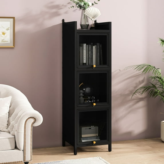 Modern Three-tier Glass Door Cabinet with Four-tier Storage / Ideal for Entryway, Living Room, and Bathroom