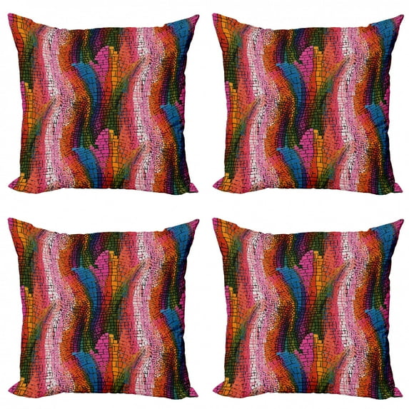 Ambesonne Abstract Throw Pillow Cover 4 Pack, Colorful Wavy Mosaic, 16", Multicolor