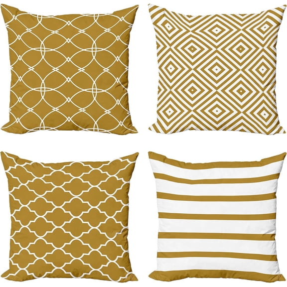 Modern Throw Pillow Cushion Case Pack of 4, Minimalist Quatrefoil Nested Squares Stripes Oriental Circle Mesh, Modern Accent Double-Sided Digital Printing, 18", Camel Dark Mustard and White