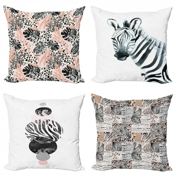 Ambesonne Modern Throw Pillow Cover 4 Pack, Pastel Leaves and Zebra Art, 20", Dark Grey Blush